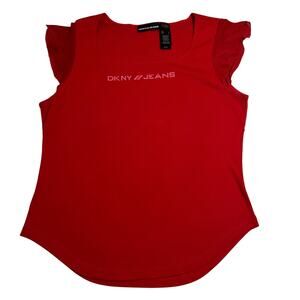 DKNY Jeans Logo Cap Sleeve Top Size Large Square Neck Y2K Casual 90s Colorful